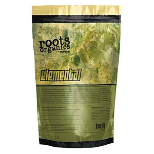 Roots Organics Elemental supplement in a gold-colored, stand-up pouch with black text and botanical graphics.