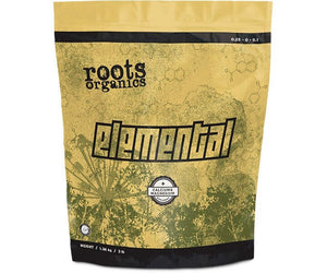 Roots Organics Elemental 3lb bag with a yellow and green forest graphic and 0.25-0-0.1 NPK ratio.
