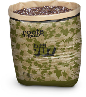 An open bag of Roots Organics Formula 707 growing mix, featuring a camouflage pattern with dark, aerated potting soil.
