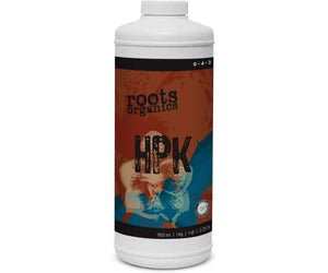 950ml white bottle of Roots Organics HPK liquid fertilizer with orange and blue label design, 0-4-3 NPK ratio.