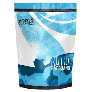 Blue and white stand-up pouch of Roots Organics Nitro Bat Guano with a sealable top.