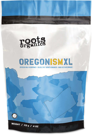 Roots Organics Oregonism XL 4 oz white pouch with blue map graphic, branding, and usage text for root growth.