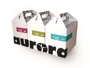 Three white cardboard carry boxes with colored labels and "Aurora" branding, positioned on a white background.