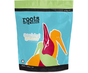 Roots Organics Seabird Guano powder in a light blue bag with bird illustrations and an NPK ratio of 0-12-0.