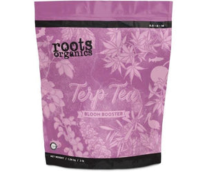 A purple 3 lb stand-up pouch of Roots Organics Terp Tea Bloom Booster plant fertilizer with botanical illustrations.