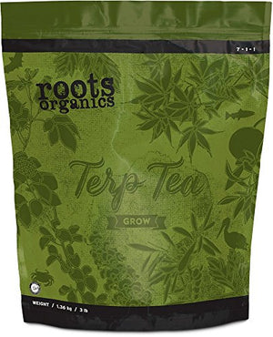 A 3lb green pouch of Roots Organics Terp Tea Grow (7-1-1), an organic powder fertilizer for plant growth.
