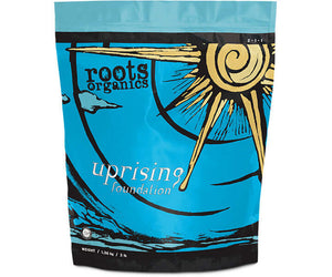 Blue Roots Organics Uprising Foundation 3lb pouch with yellow sun graphic, 2-1-1 NPK ratio, and organic labeling.