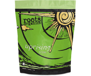 Green 3lb bag of Roots Organics Uprising Grow fertilizer with yellow sun graphic and 6-1-2 NPK ratio.