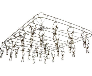 Rectangular stainless steel drying rack with numerous hanging clips, shown from a low-angle perspective on white.