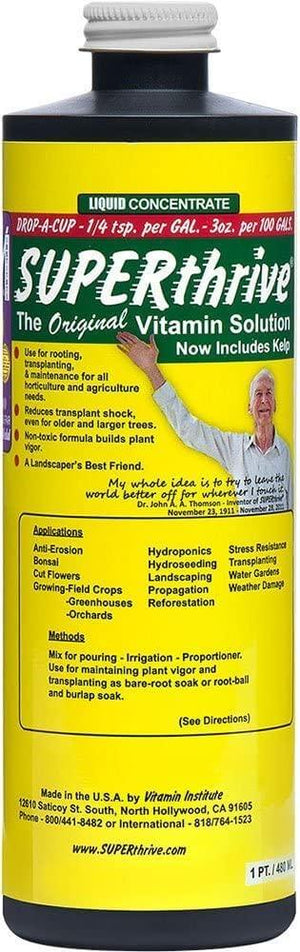 Yellow bottle of Superthrive plant vitamin liquid concentrate with instructions and applications listed on the label.