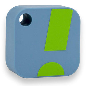 Blue square air stone with a circular hole and neon green rectangular and semi-circular accent patches.