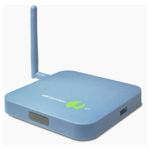 Light blue WiFi gateway G1 unit with a vertical antenna, green logo, and side USB port on a plain white background.
