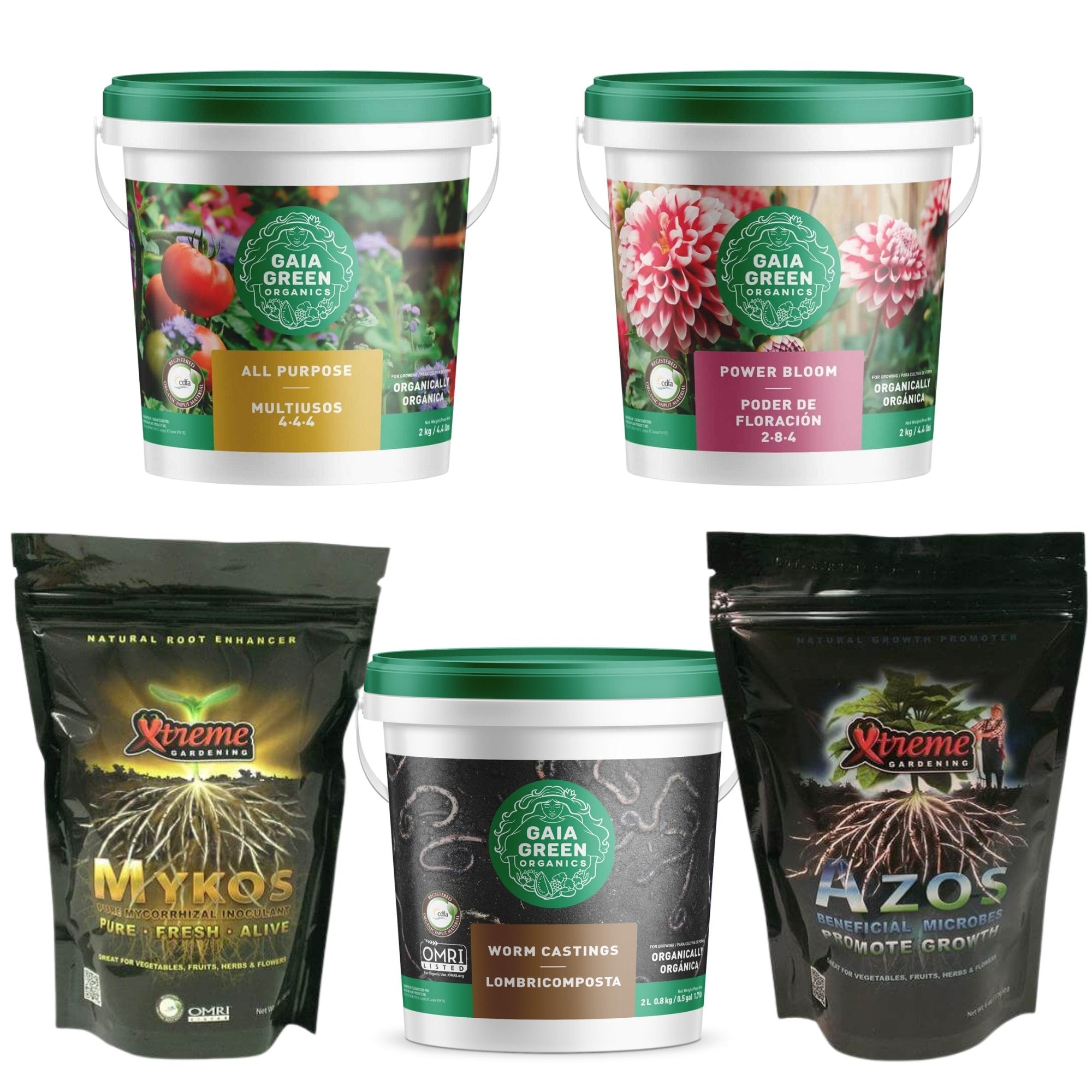 Gaia Green buckets (All Purpose, Power Bloom, Worm Castings) and two Xtreme Gardening pouches (Mykos, Azos).