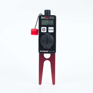 Black handheld SpotOn quantum PAR meter with digital display, power/scan buttons, and a red two-pronged base.