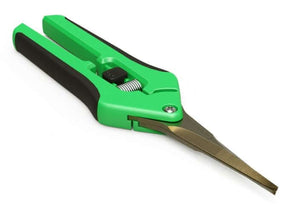 Green and black pruning shears with a spring mechanism and pointed bronze-colored blades on a white background.