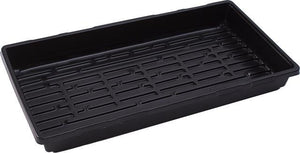 Empty black rectangular nursery tray with a grid-patterned raised base for drainage, viewed from a high angle.