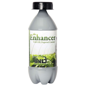 Grey CO2 dispersal canister with a black cap, featuring a label with green greenhouse imagery and TNB Naturals logo.