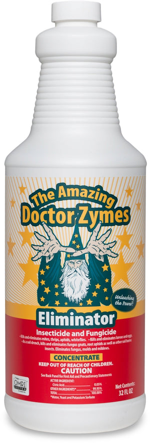32oz white plastic bottle of Doctor Zymes Eliminator featuring a wizard graphic on a red and yellow label.