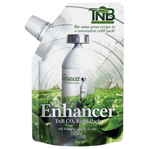 TNB Naturals 240g CO2 refill pouch featuring a plant greenhouse background and canister product image.