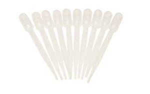 Ten clear, graduated plastic disposable transfer pipettes arranged in a fan shape against a white background.