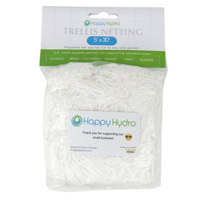 Package of white polyester trellis netting, 5' x 30', with 3.5" mesh squares in branded Happy Hydro packaging.