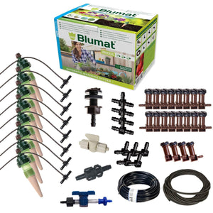Blumat automatic watering kit featuring green clay sensors, black tubing, various connectors, and a storage box.