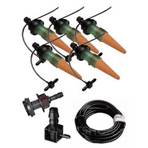 Five clay irrigation spikes with black tubing, connectors, and a coil of black hose on a white background.