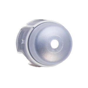 Clear plastic dome-shaped hydroponic cover with a center hole and notched rim, viewed from an angled perspective.