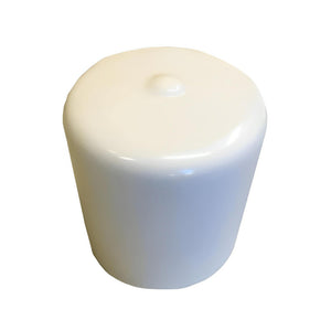 A glossy, white cylindrical PVC end cap shown from a high-angle perspective against a white background.