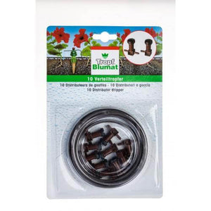 Blister pack of 10 brown drip irrigation distributor nozzles and black tubing for garden watering systems.