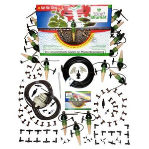 Tropf Blumat 10m irrigation kit with green ceramic sensors, black tubing, water connectors, and packaging box.