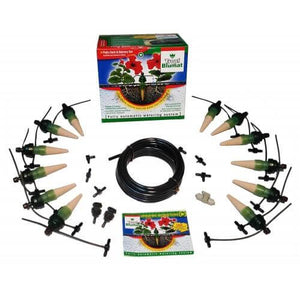 Tropf Blumat watering kit with 12 ceramic soil moisture sensors, tubing, connectors, instructions, and product box.
