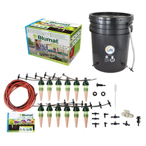 Blumat automatic watering system kit with black bucket, 12 clay sensor stakes, red tubing, and irrigation connectors.