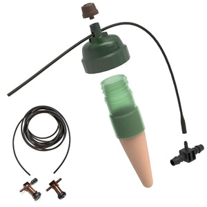 Exploded view of a green Tropf Blumat sensor, ceramic cone, irrigation tubing, and three black plastic connectors.