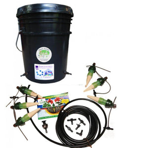 Black bucket reservoir with irrigation tubing, connectors, and four green/tan ceramic plant watering spikes.