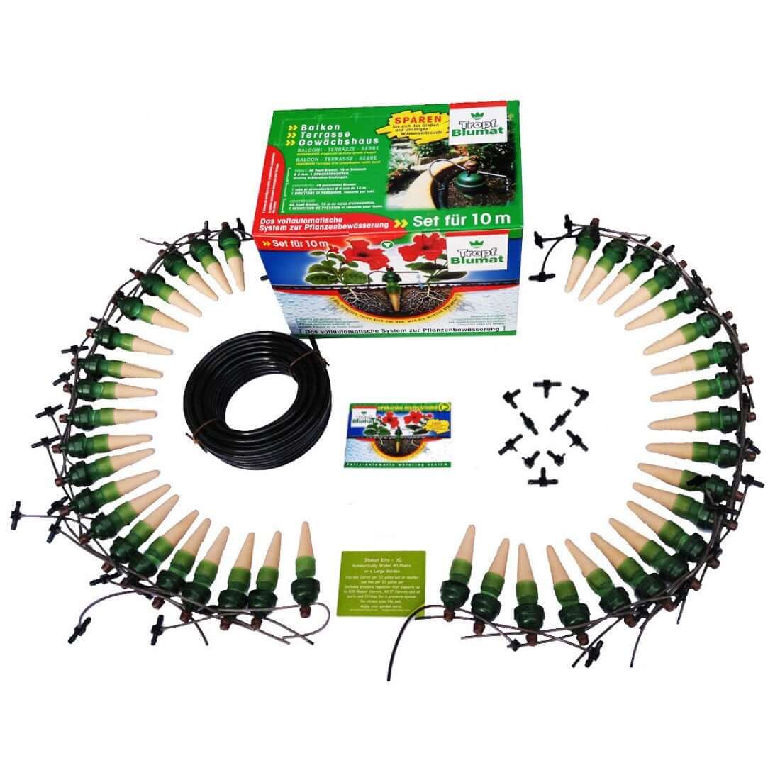 Tropf Blumat watering kit with 40 ceramic sensors, black tubing, fittings, and instructional box.