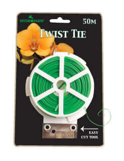 50m green plant twist tie on a white spool with an integrated metal cutting tool, packaged on a black display card.