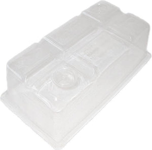 Clear rectangular plastic humidity dome for seed starting trays with an adjustable round top vent.
