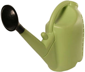 Light green plastic watering can with a black detachable rose head, angled side view on a white background.