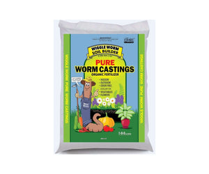 Bag of Wiggle Worm Soil Builder castings with cartoon worm, gardening tools, vegetables, and OMRI logo.