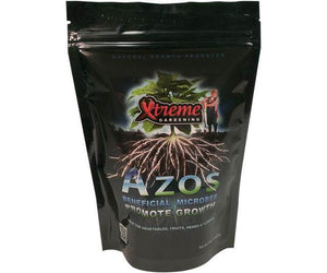 Black stand-up pouch of Xtreme Gardening Azos with a plant root graphic and natural growth promoter text.
