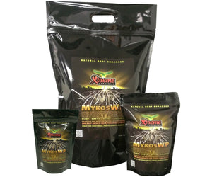 Three black bags of Xtreme Gardening Mykos WP root enhancer in varying sizes, featuring a seedling and root logo.