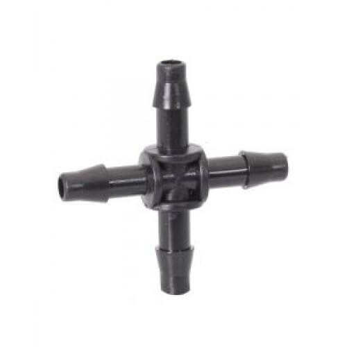 Black plastic four-way barbed cross connector for irrigation tubing, shown against a plain white background.